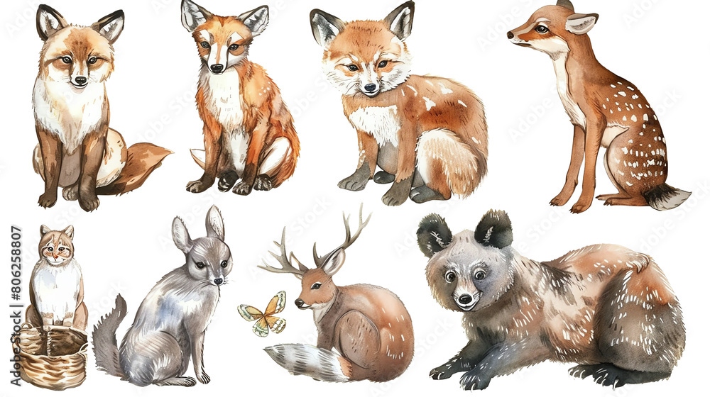 A group of cute baby animals including foxes, rabbits, and deer. A group of cute baby animals including foxes, rabbits, and deer.