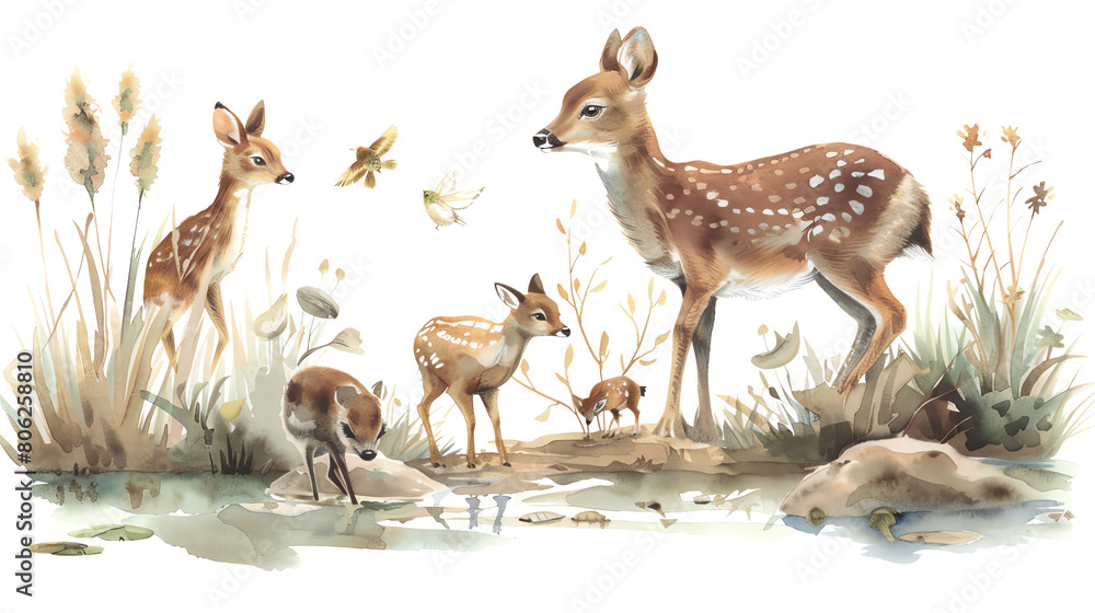 Obraz premium A group of deer standing in a field of tall grass and flowers