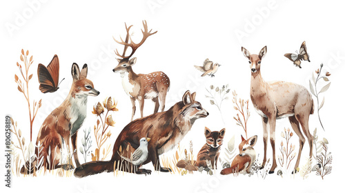 A group of deers and rabbits in a field of tall grass and flowers.