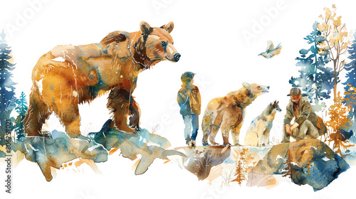 A watercolor painting of a family of bears walking through a snowy forest