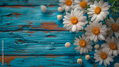 Daisiy flowers on blue wooden background. Free space for text. photo