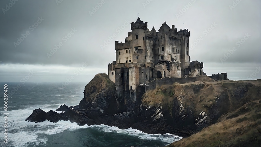 Abandoned castle in the heart of the rock by the raging sea. A decrepit castle, perched on a cliff overlooking a churning sea.