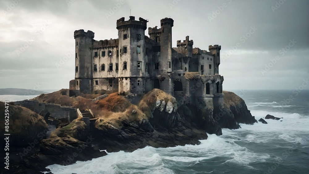 Abandoned castle in the heart of the rock by the raging sea. A decrepit castle, perched on a cliff overlooking a churning sea.