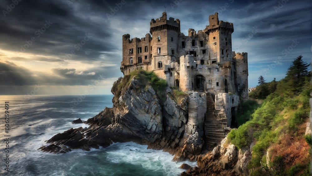 Abandoned castle in the heart of the rock by the raging sea. A decrepit castle, perched on a cliff overlooking a churning sea. Abandoned castle in the heart of the rock by the raging sea. A decrepit castle, perched on a cliff overlooking a churning sea.