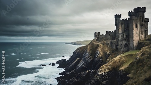 Abandoned castle in the heart of the rock by the raging sea. A decrepit castle  perched on a cliff overlooking a churning sea.