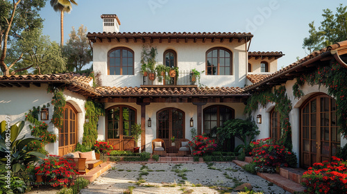 A Spanish-influenced craftsman villa with stucco walls  terracotta roof tiles  and a tranquil courtyard.