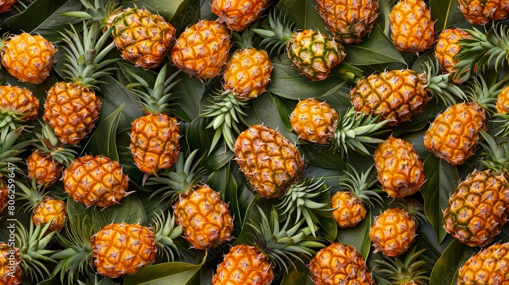 Tiny pineapples with green leaves, the size of strawberries. Tiny pineapples with green leaves, the size of strawberries.