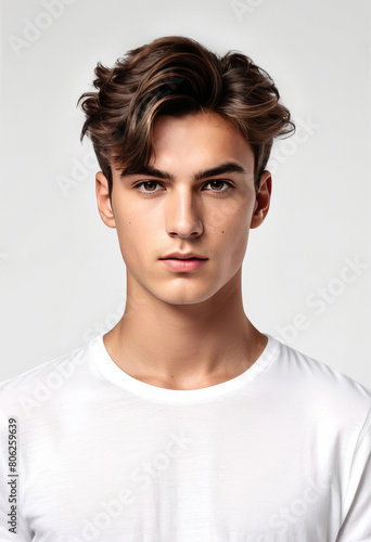 Portrait of a young Caucasian male with stylish hair posing in a plain white T-shirt, ideal for fashion and grooming themes