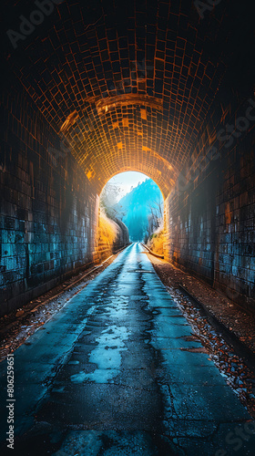 studio shot of Passing through a tunnel with just a glimpse of light at the end  realistic travel photography  copy space for writing