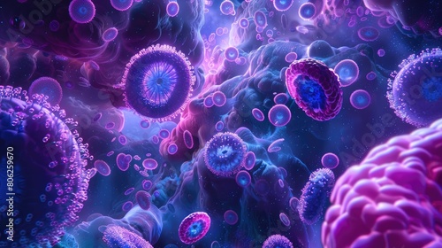 A vivid and colorful illustration depicting a variety of cellular life forms in an underwater-like setting  full of dynamic textures.
