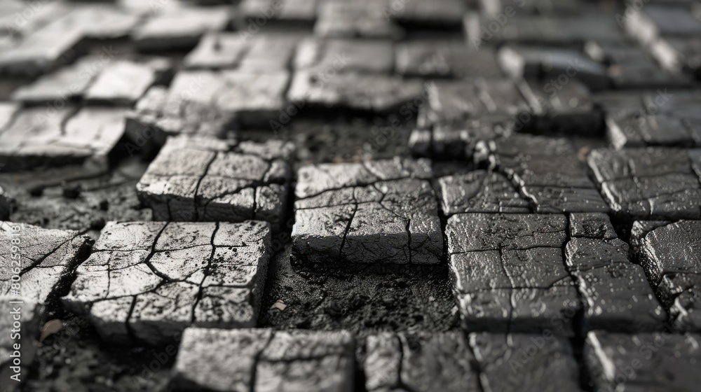 Detailed view of dark stone tiles with deep cracks and rugged textures, highlighting natural aging and wear. Detailed view of dark stone tiles with deep cracks and rugged textures, highlighting natural aging and wear.