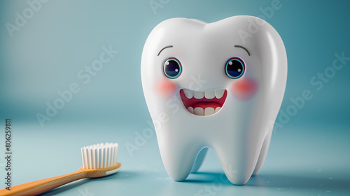 3d illustration of cheerful tooth character with a toothbrush against a blue background