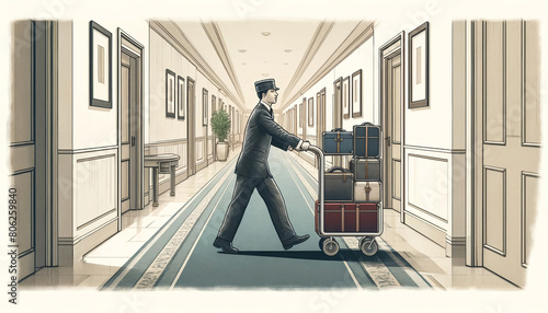 Bellhop in uniform effortlessly pushing a luggage cart along a posh hotel corridor, conceptualizing hospitality and travel industry services photo