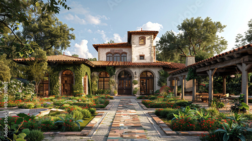 A Spanish-influenced craftsman villa with stucco walls  terracotta roof tiles  and a tranquil courtyard.