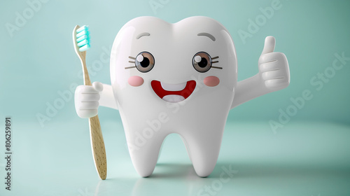 3d illustration of cute cartoon tooth character holding a toothbrush and giving a thumbs up on a green background
