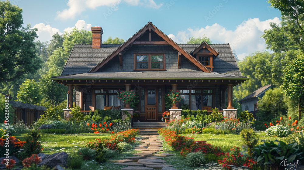 A traditional craftsman bungalow with a gabled roof, tapered columns, and a charming front yard garden.