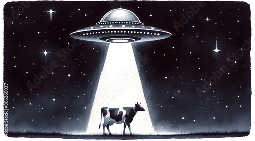 Illustration of a cow being abducted by a UFO with a beam of light under a starry night sky, conceptually representing alien encounter or science fiction photo