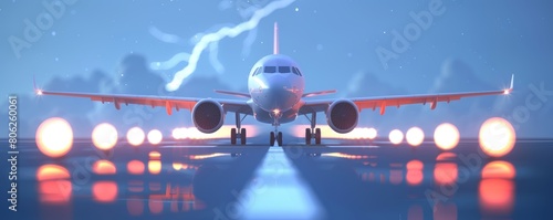 3D rendering of a plane landing on a runway during a storm. photo