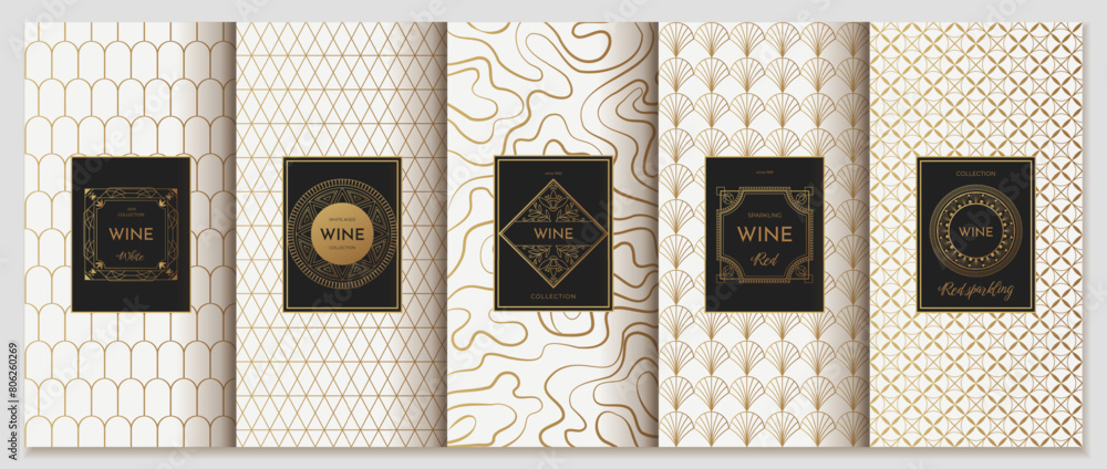 Obraz premium Wine label design. Luxury product sticker. Modern ornate background. Jewelry ornament. Golden pattern. Product box. Gold package frame with logo. Vector packaging decoration templates set