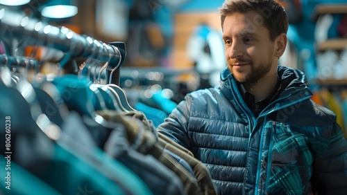 Man choosing clothes on hangers in store for shopping. Concept Fashion choices, Clothing shopping, Menswear trends, Retail therapy, Wardrobe update