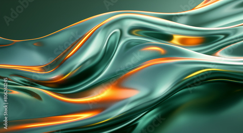 Green Background: 3D render of colorful fluid metallic liquid waves on a green background, abstract wavy cloth with golden light reflections, fluid wave design, fluid shapes, fluid art