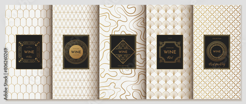 Wine label design. Luxury product sticker. Modern ornate background. Jewelry ornament. Golden pattern. Product box. Gold package frame with logo. Vector packaging decoration templates set