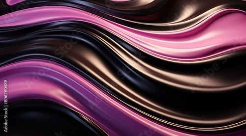 3D render, abstract colorful background with waves of liquid metal in black and pink gold colors, fluid shapes, fluid design photo
