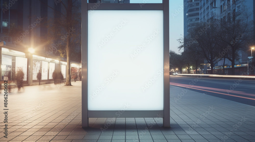 Vertical blank white billboard at bus stop on city street, generative AI Vertical blank white billboard at bus stop on city street, generative AI