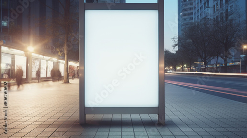 Vertical blank white billboard at bus stop on city street, generative AI