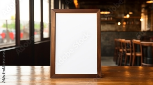 Mock up Menu frame standing on wood table in Bar restaurant cafe. space for text, generative AI