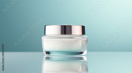 Skincare jar with cosmetic anti aging cream isolated on pale blue background, generative AI