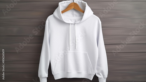 white sweater hoodie that hangs on a hanger. white hoodie jacket on a hanger. hoodie sweater mockup, generative AI