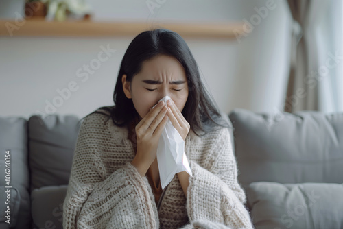 Woman Sitting on a Couch With a Tissue in Her Hand photo