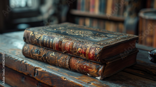 Library of Timeless Treasures: Antique Leather-Bound Books on a Rustic Wooden Desk