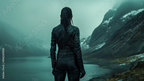 Cinematic movie still of a woman warrior dressed in a custom leather suit. Panoramic Nordic vista of a fjord in winter. Moody dark lighting.