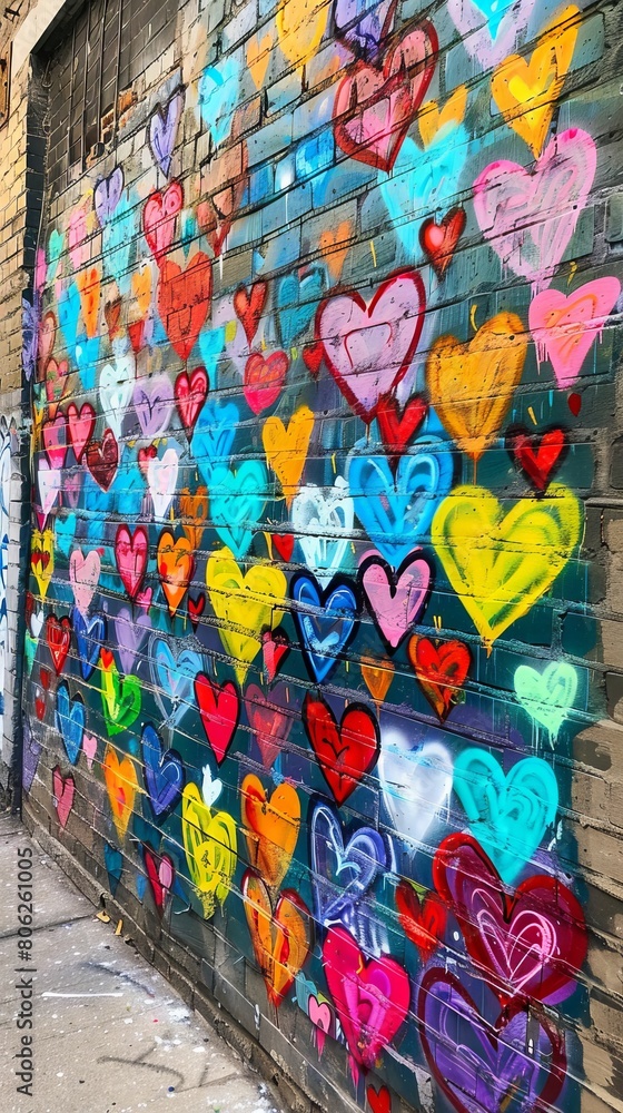 A wall covered in colorful hearts.