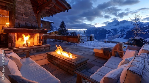 Wide angle view of large outdoor patio with rock paver fireplace. Beautiful mountain backdrop,岩舗装された暖炉のある大きな屋外パティオの広角ビュー。美しい山の背景,Generative AI	 photo