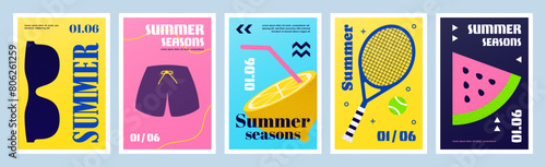 Summer party. Beach cocktail posters with sun and sea holiday elements. Summertime vacation. Shorts and sunglasses. Travel cards. Tropical watermelon and lemon. Vector flat banners set