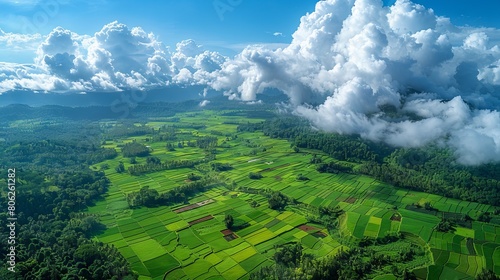 An aerial view of green fields and clouds. photo