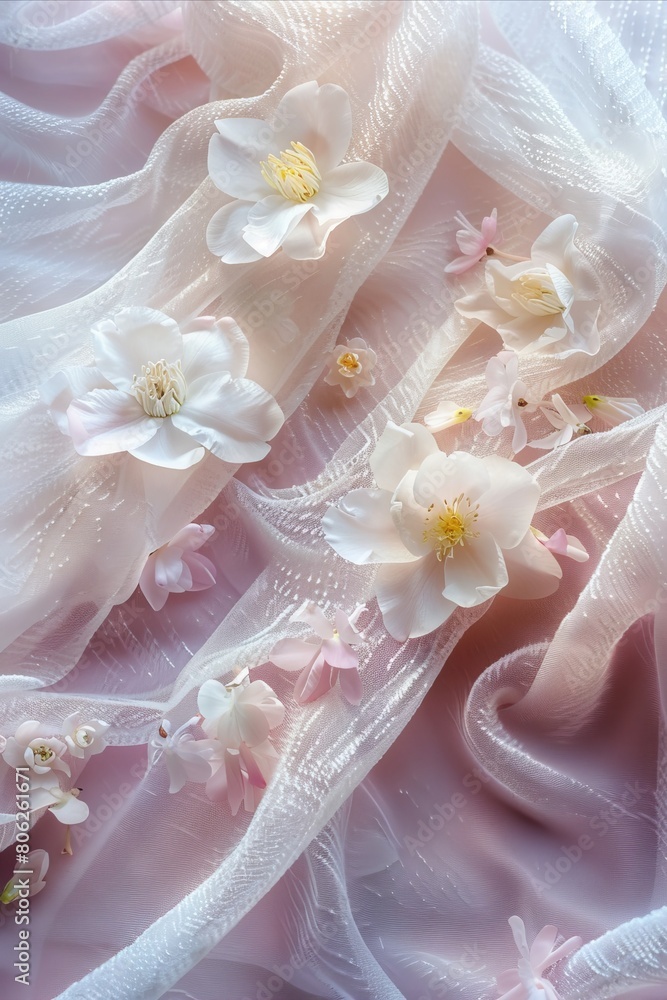 A close up of white flowers on a sheer fabric. A close up of white flowers on a sheer fabric.