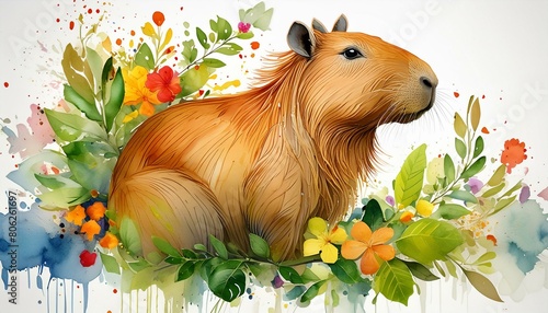 AI-generated color illustration of a capibara on a white background. 
