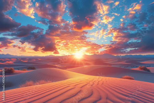 stunning sunset casting golden rays over a desert landscape with sand dunes