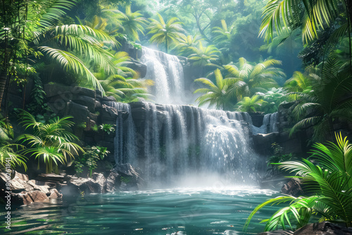 serene and picturesque waterfall in a dense tropical forest with sunlight filtering through