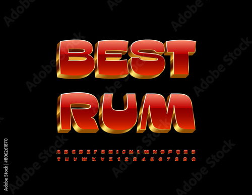 Vector modern sign Best Rum. Red and Gold 3D Font. Trendy Cool Alphabet Letters and Numbers set