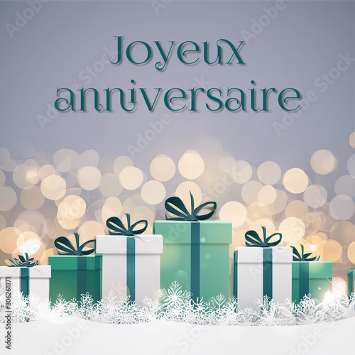 carte ou bandeau pour souhaiter un joyeux anniversaire en vert représenté par des cadeaux vert et blanc sur un fond gris avec des, ronds en effet bokeh