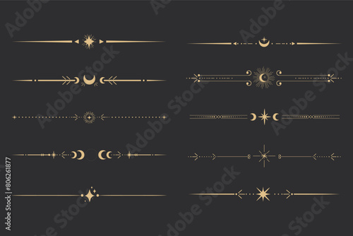 Golden divider celestial border with stars moon and sun thin line elegant simple decoration, mystic tarot separator, minimalist magic gold design element on dark background