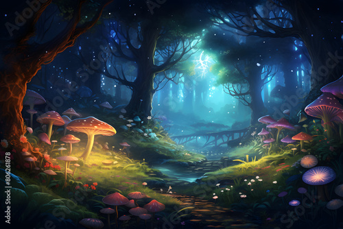 illustrated magical forrest, beautiful trippy colors magical vibe fairytale forrest