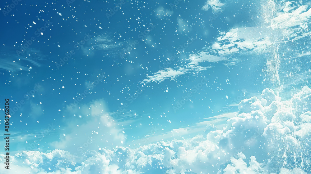 A blue sky with snowflakes falling from the sky