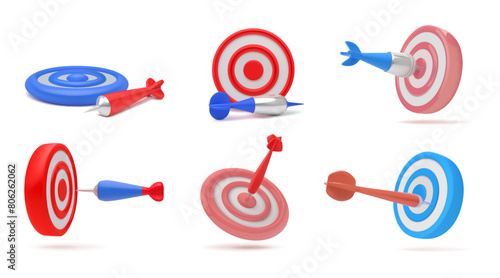 3d target. Goal dart icon different angles view, business game strategy arrow for customer board, sport hit or point. Render isolated element. Effective marketing targeting vector concept