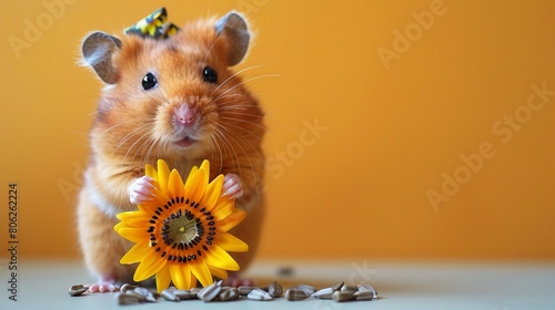 A small hamster holding a sunflower.